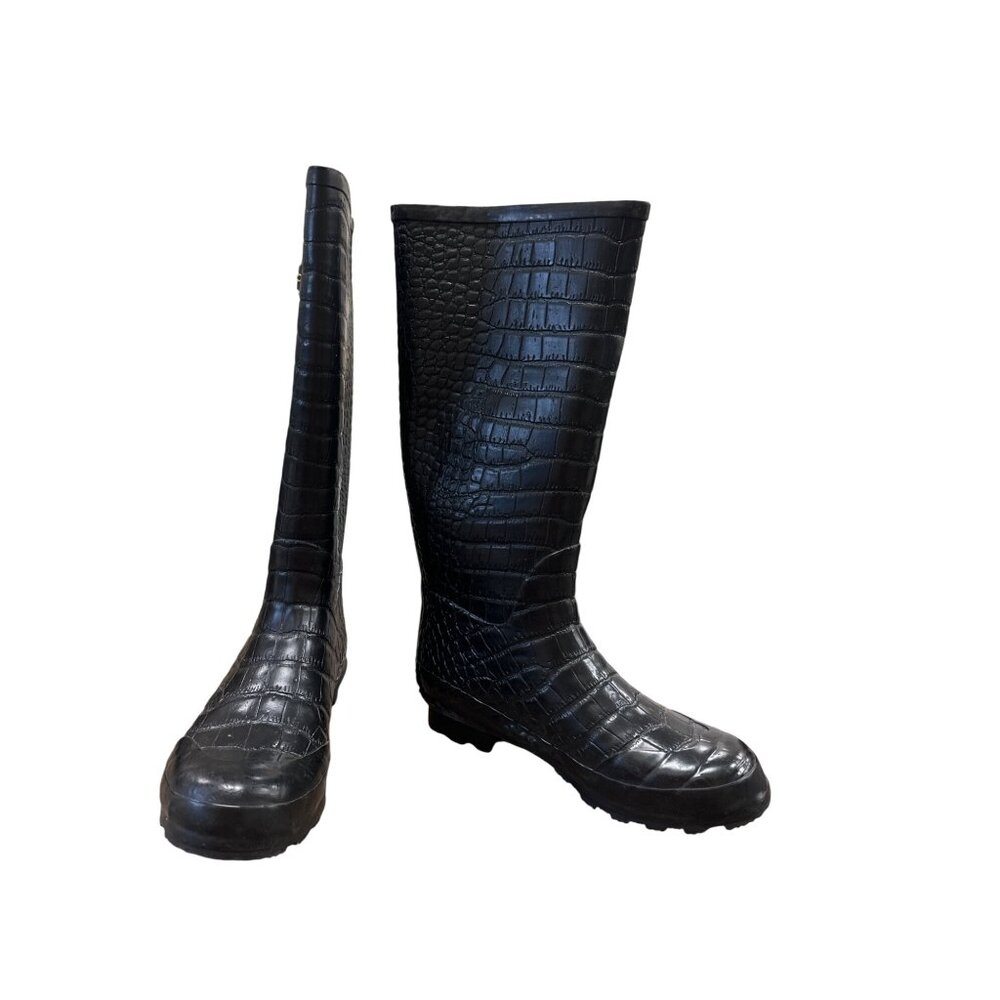 Khombu Womens Black Crocodile-Embossed Rain & Snow Boots Size 10